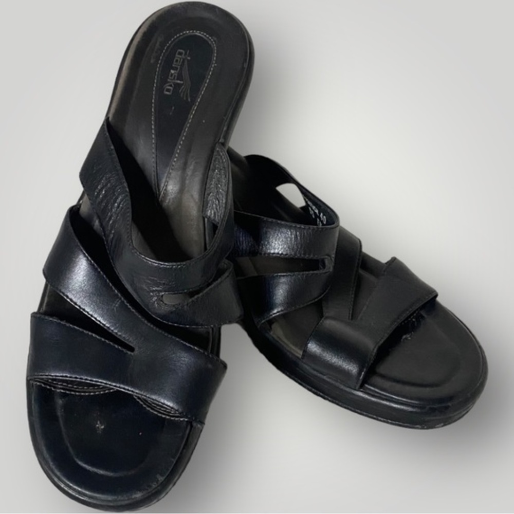 Dansko Black Slide Sandals Wedge Heel Made in Portugal~40 / 9.5